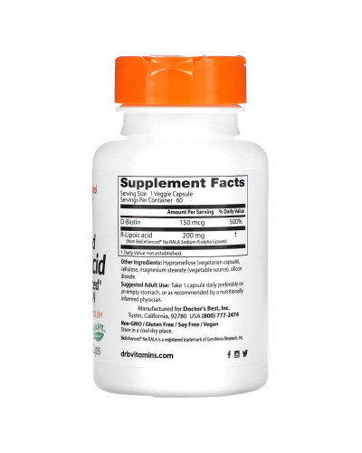 R-липоевая кислота, 200 мг, Stabilized R-Lipoic Acid with BioEnhanced Na-RALA, Doctor's Best, 60 вегетарианских капсул