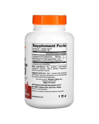 Коензим Q10 з високою абсорбцією та Біоперином, 400 мг, High Absorption CoQ10 with BioPerine, Doctor's Best, 180 вегетаріанських капсул Коензим Q10 з високою абсорбцією та Біоперином, 400 мг, High Absorption CoQ10 with BioPerine, Doctor's Best, 180 вегетаріанських капсул