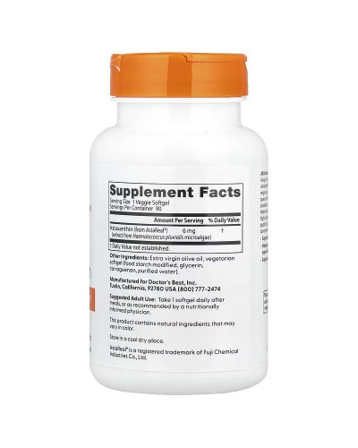 Астаксантин, 6 мг, Astaxanthin, Doctor's Best, 90 вегетарианских капсул.