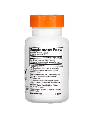 Ресвератрол, 600 мг, High Potency Trans-Resveratrol 600, Doctor's Best, 60 вегетарианских капсул Ресвератрол, 600 мг, High Potency Trans-Resveratrol 600, Doctor's Best, 60 вегетарианских капсул