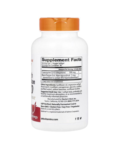 Коензим Q10 високої абсорбації з Біоперином, 300 мг, High Absorption CoQ10 with BioPerine, Doctor's Best, 90 вегетаріанських капсул Коензим Q10 високої абсорбації з Біоперином, 300 мг, High Absorption CoQ10 with BioPerine, Doctor's Best, 90 вегетаріанських капсул