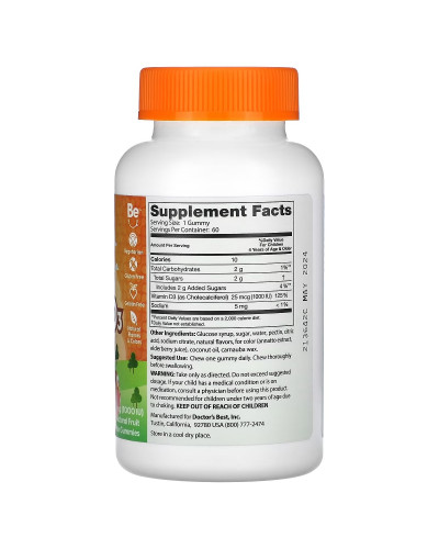 Вітамін D3 для дітей, 1000 МО, смак фруктів, Vitamin D3 Kids Gummies, Doctor's Best, 60 жувальних цукерок