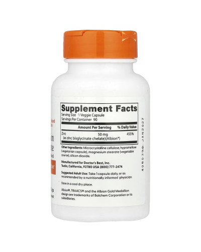 Цинк бісгліцинат, 50 мг, Zinc Bisglycinate, Doctor's Best, 90 вегетаріанських капсул