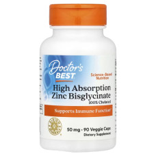 Цинк бисглицинат, 50 мг, Zinc Bisglycinate, Doctor's Best, 90 вегетарианских капсул