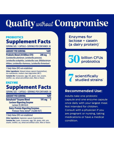Пробіотики з ферментами для перетравлення молочних продуктів, Probiotics and Enzymes for Dairy Control, Enzymedica, 30 вегетаріанських капсул