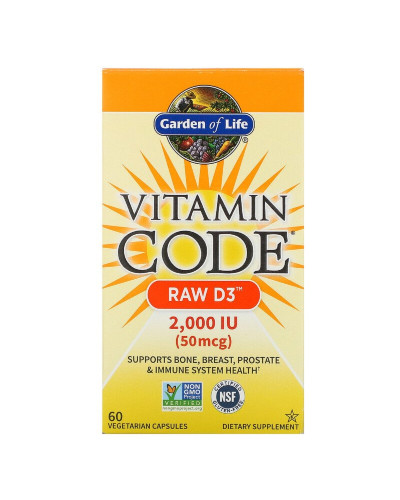 Сирий Вітамін D3, RAW D3, Vitamin Code, Garden of Life, 2000 МО (50 мкг), 60 вегетаріанських капсул
