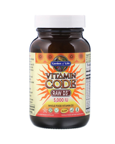 Сірій Вітамін D3, RAW D3, Vitamin Code, Garden of Life, 5000 МО (125 мкг), 60 вегетаріанських капсул