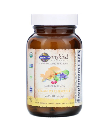 Вітамін D3, 2000 МО, малиново-лимонний смак, MyKind Organics, Garden of Life, 30 жувальних веганських таблеток