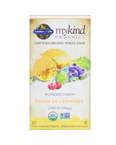 Вітамін D3, 2000 МО, малиново-лимонний смак, MyKind Organics, Garden of Life, 30 жувальних веганських таблеток