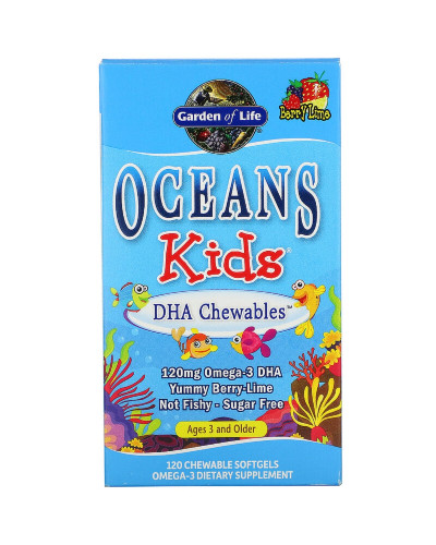 Комплекс Для Дітей Омега 3, З ДГК, Oceans Kids, Garden of Life, Від 3 Років і Старше, Смак Ягідний Лайм, 120 мг, 120 жувальних м'яких таблеток