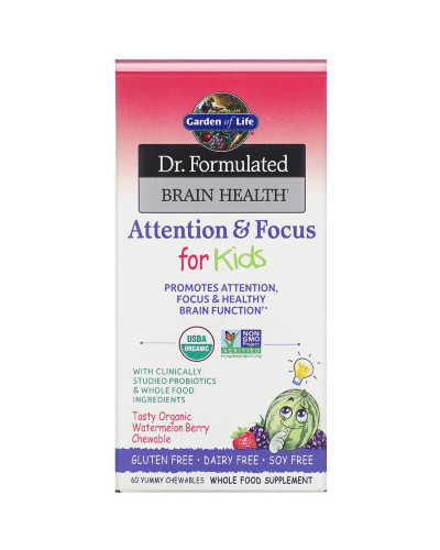 Детский Комплекс Для Внимания и Концентрации, Dr. Formulated Brain Health, Со Вкусом Арбуза, Garden of Life, 60 жевательных таблеток