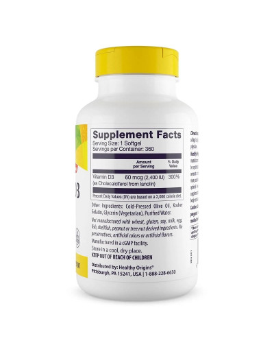 Вітамін D3, 2400 МО, Vitamin D3, Healthy Origins, 360 желатинових капсул Вітамін D3, 2400 МО, Vitamin D3, Healthy Origins, 360 желатинових капсул