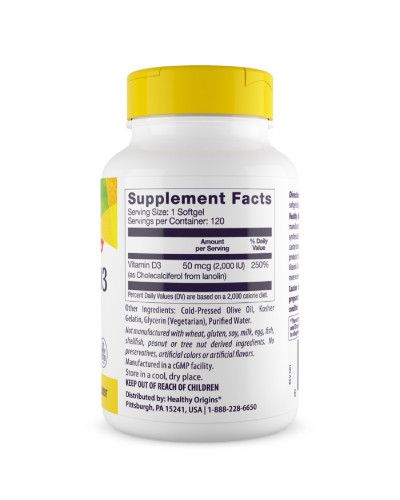 Вітамін D3, Vitamin D3 2000IU, Healthy Origins, 120 капсул