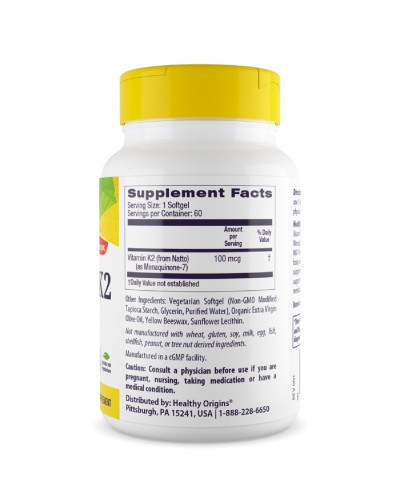 Вітамін К2 в Формі МК-7, Vitamin K2 as MK-7, Healthy Origins, 100 мкг, 60 капсул