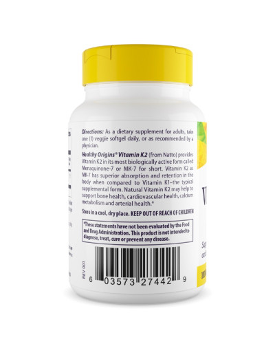 Вітамін К2 в Формі МК-7, Vitamin K2 as MK-7, Healthy Origins, 100 мкг, 60 капсул