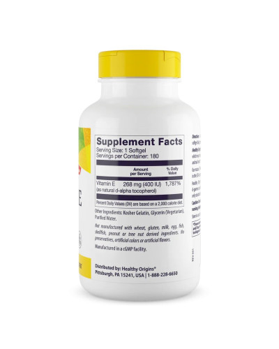 Вітамін E, 400 МО, Суміш Токоферолів, Vitamin E, Healthy Origins, 180 капсул