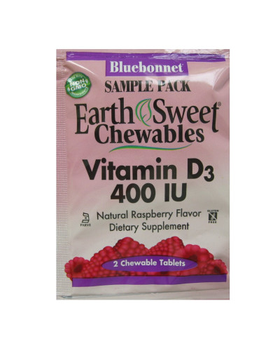 Вітамін D3 400IU, Смак Малини, Earth Sweet Chewables, Bluebonnet Nutrition, 2 жувальні таблетки