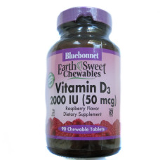 УЦЕНКА Витамин D3 2000IU, Вкус Малины, Earth Sweet Chewables, Bluebonnet Nutrition, 90 жевательных таблеток