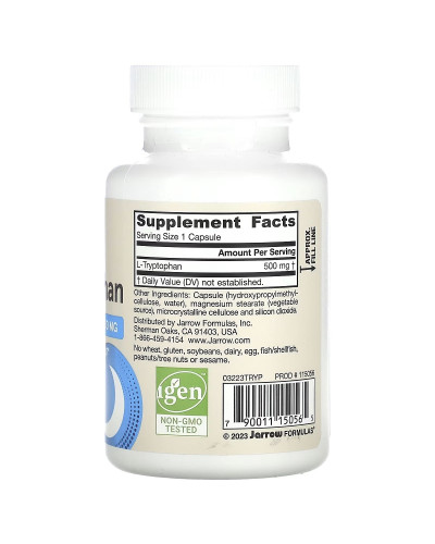 L-триптофан, 500 мг, L-Tryptophan, Jarrow Formulas, 60 вегетаріанських капсул