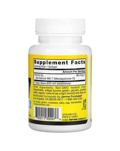 Вітамін K2 в формі MK-7, 90 мкг, MK-7, Vitamin K2 as MK-7, Jarrow Formulas, 120 гелевих капсул