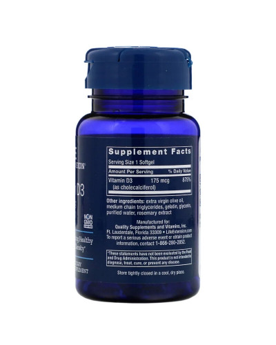 Вітамін D3, Life Extension, Vitamin D3, 175 мкг (7000 МО), 60 гелевих капсул