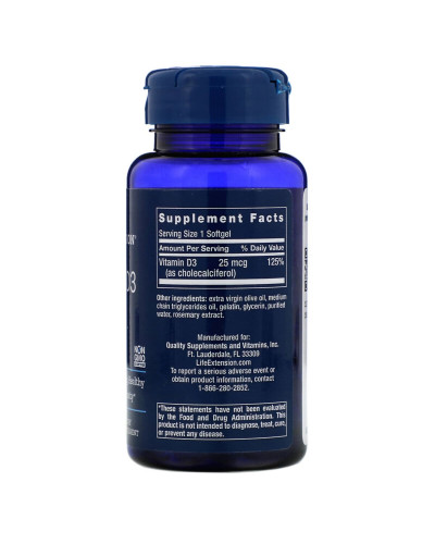 Вітамін D3, Vitamin D3, Life Extension, 25 мкг (1000 МО), 250 гелевих капсул Вітамін D3, Vitamin D3, Life Extension, 25 мкг (1000 МО), 250 гелевих капсул