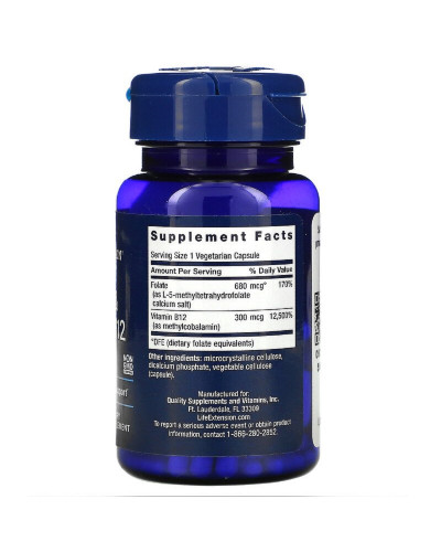Фолат і B12, BioActive Folate & Vitamin B12, Life Extension, 90 вегетаріанських капсул