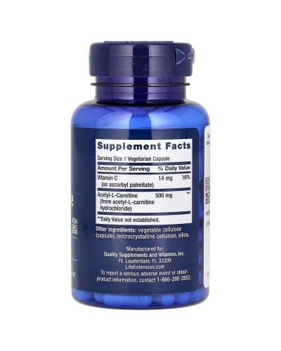 Ацетил L-карнитин, 500 мг, Acetyl-L-Carnitine, Life Extension, 100 вегетарианских капсул.