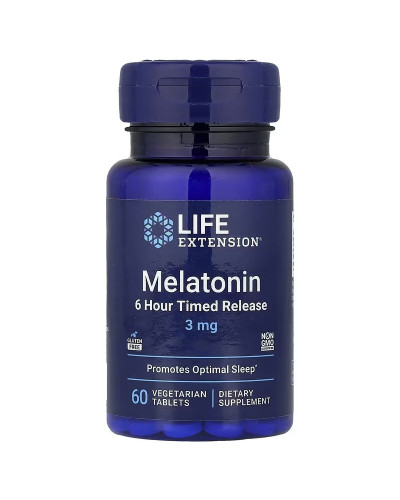 Мелатонін, 3 мг, Melatonin, 6 Hour Timed Release, Life Extension, 60 вегетаріанських таблеток