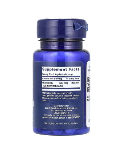 Вітамін B12, Метилкобаламін, 500 мкг, смак полуниці, Vitamin B12, Methylcobalamin, Life Extension, 100 жувальних таблеток