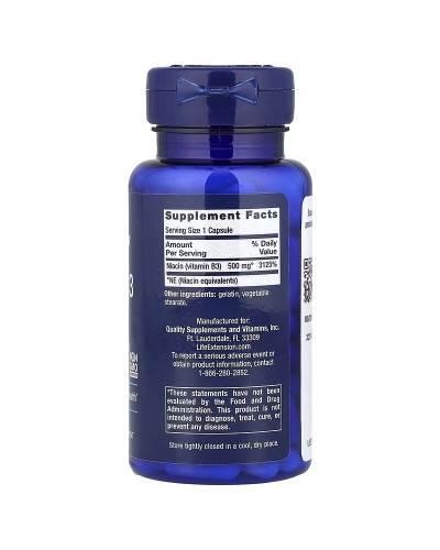 Ніацин, Вітамін B3, 500 мг, Vitamin B3 Niacin, Life Extension, 100 капсул