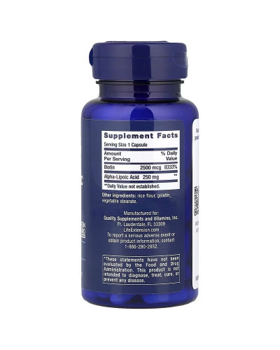 Альфа-липоевая кислота с биотином, 250 мг, Alpha-Lipoic Acid with Biotin, Life Extension, 60 капсул