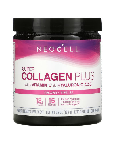 Коллаген с витамином C и гиалуроновой кислотой в порошке, Super Collagen Plus with Vitamin C & Hyaluronic Acid, NeoCell, 195 гр (6.9 унции)