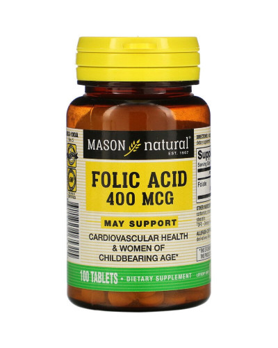 Фолієва кислота 400 мкг, Folic Acid, Mason Natural, 100 таблеток