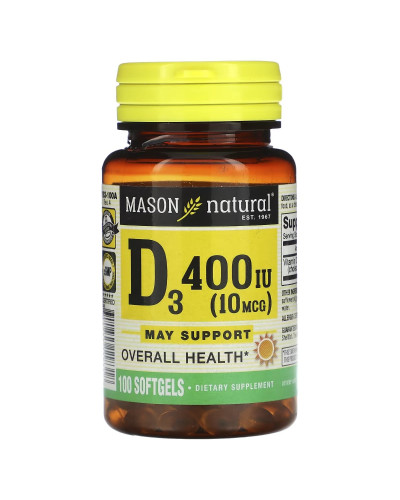 Вітамін D3, 10 мкг (400 МО), Vitamin D3, Mason Natural, 100 гелевих капсул