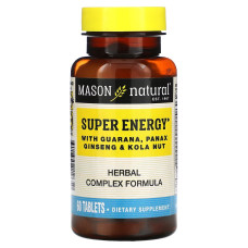 Супер Энергия с гуараной, женьшенем и орехом кола, Super Energy with Guarana, Panax Ginseng & Kola Nut, Mason Natural, 60 таблеток