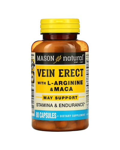 Поддержка Мужской Силы с L-аргинином и макой, Vein Erect with L-Arginine & Maca, Mason Natural, 80 капсул