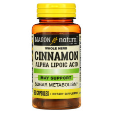 Корица с альфа-липоевой кислотой, Cinnamon Alpha Lipoic Acid, Mason Natural, 60 капсул