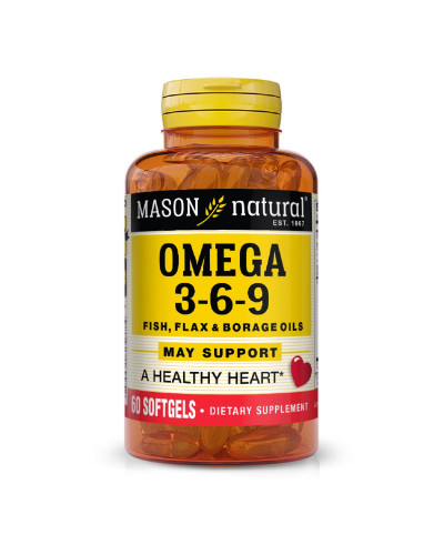 Потрійна Омега 3-6-9, олія риби льону та огірника, Omega 3-6-9 1,200 mg Fish, Flax & Borage Oils, Mason Natural, 60 гелевих капсул