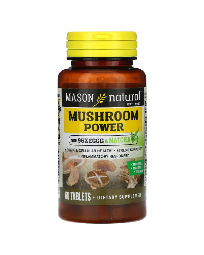 Грибы для Здоровья мозга и клеток, Mushroom Power, Mason Natural, 60 таблеток Грибы для Здоровья мозга и клеток, Mushroom Power, Mason Natural, 60 таблеток