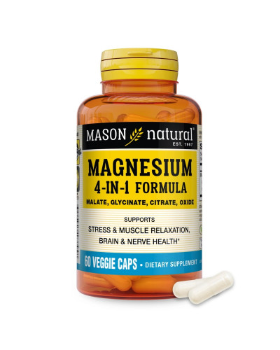 Комплекс магнію, 400 мг, Magnesium 4-in-1 Complex, Mason Natural, 60 вегетаріанських капсул