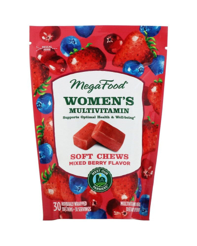 Мультивітаміни для жінок, смак ягід, Women's Multivitamin Soft Chews, Mixed Berry Flavor, MegaFood, 30 м'яких жувальних цукерок в індивідуальній упаковці