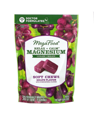Успокаивающий Магний, вкус винограда, Relax + Calm Magnesium Soft Chews, Grape, MegaFood, 30 мягких жевательных конфет в индивидуальной упаковке