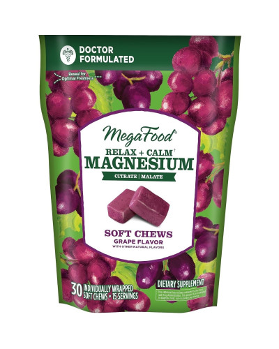 Успокаивающий Магний, вкус винограда, Relax + Calm Magnesium Soft Chews, Grape, MegaFood, 30 мягких жевательных конфет в индивидуальной упаковке