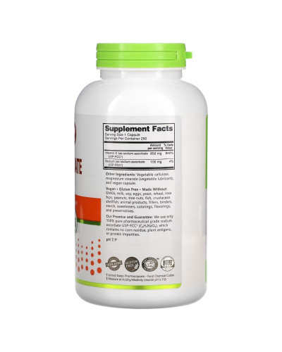 Аскорбат натрия, Sodium Ascorbate, NutriBiotic, 250 вегетарианских капсул.