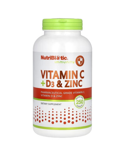 Витамин C, D3 и цинк, Immunity, Vitamin C, D3 & Zinc, NutriBiotic, 250 капсул