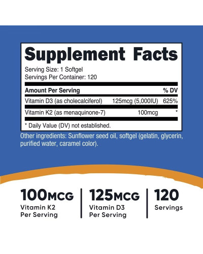 Витамин K2 и витамин D3, Vitamin K2 + Vitamin D3, Nutricost, 120 гелевых капсул