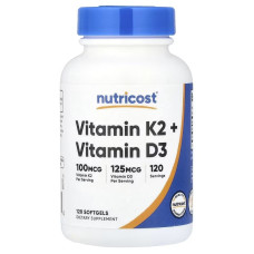 Витамин K2 и витамин D3, Vitamin K2 + Vitamin D3, Nutricost, 120 гелевых капсул