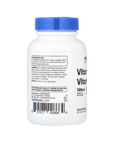 Витамин K2 и витамин D3, Vitamin K2 + Vitamin D3, Nutricost, 120 гелевых капсул