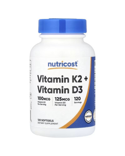 Витамин K2 и витамин D3, Vitamin K2 + Vitamin D3, Nutricost, 120 гелевых капсул